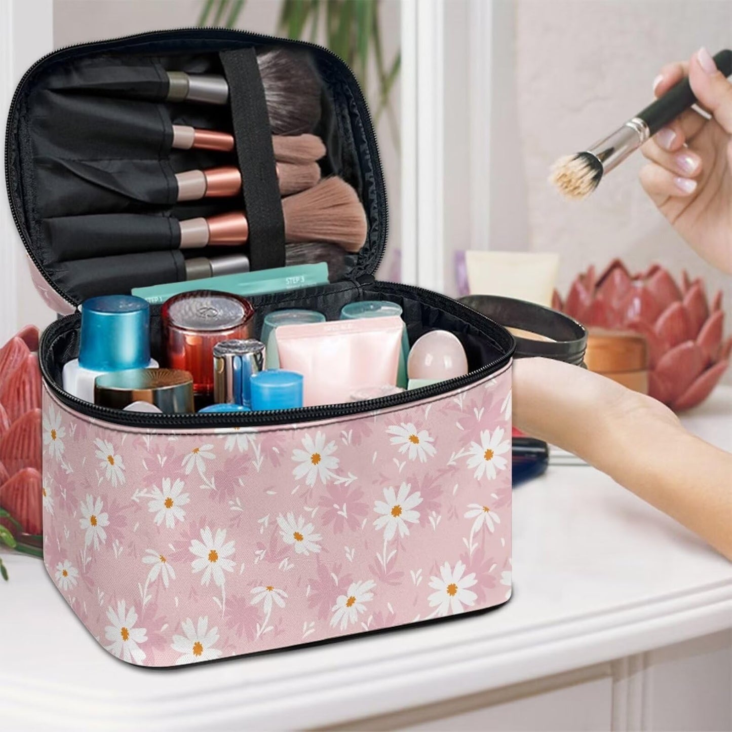 ELEDIZI Cute Pink Floral Makeup Bag Aesthetic Cosmetic Bags for Women Travel Toiletry Bag with Brush Holder Large Capacity Skincare Bag Portable Cosmetic Organizer Case Nice Gifts for Teenage Girls