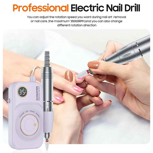 Professional Nail Drill 35000 RPM,SONGMIN Portable Cordless Efile with Bits Kit for Acrylic Nails Gel Polishing Removing,Rechargeable Electric Nail File Machine for Manicure,Pedicure Salon Home,Purple