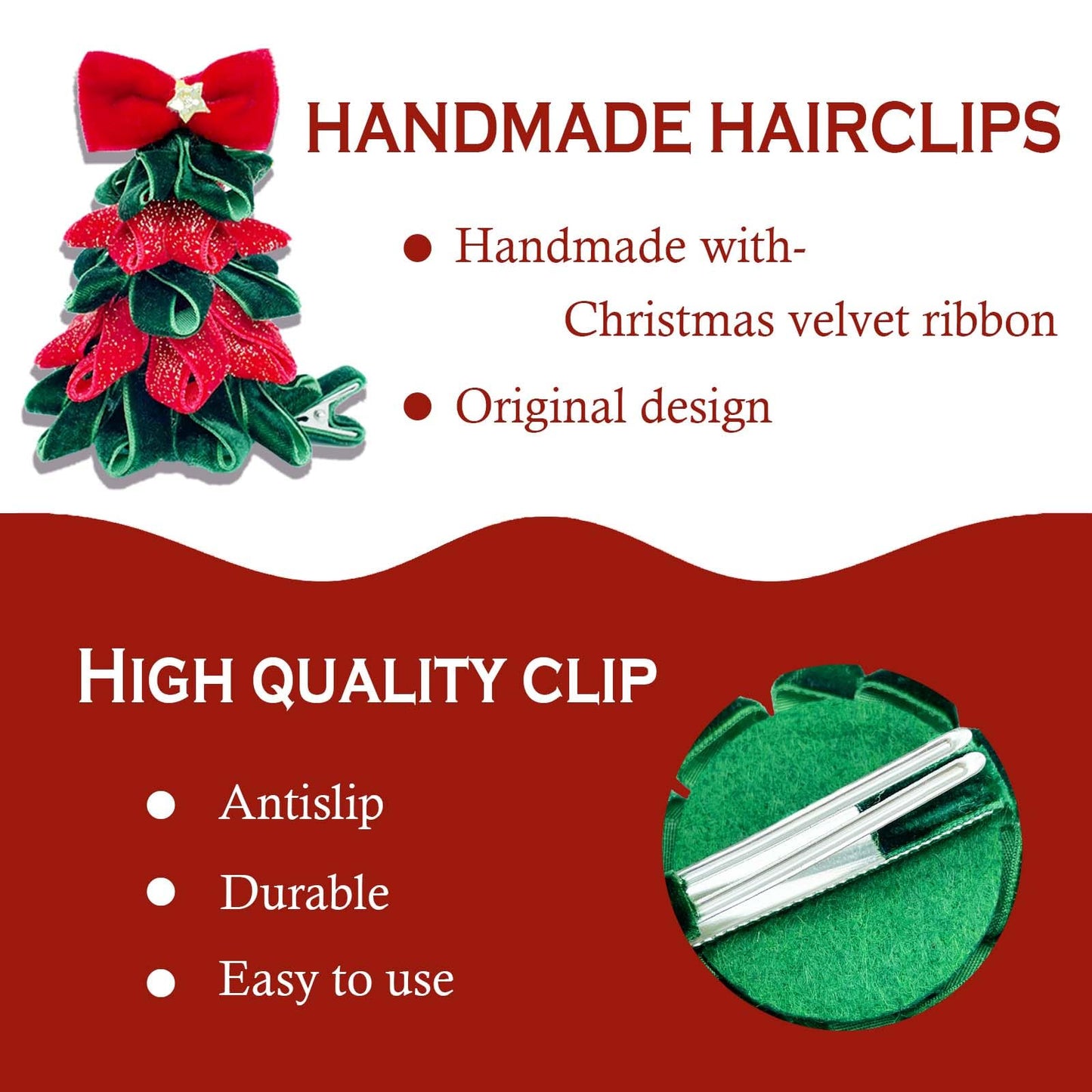 2PCS Christmas Hair Clips, Handmade Christmas Tree and Santa Style Christmas Hair Accessories for Women Girls Kids, Red Green Glittery Holiday Hair Clips Christmas Party Costume Accessories Gift