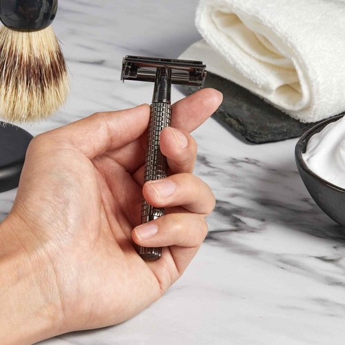 TTO Double Edge Safety Razor Long Handle with Razor Stand and 10 Blades + Mini Cleaning Brush Manual Wet Shaving Gift Set