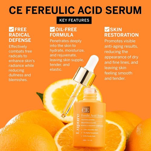 Lupure Vitamin C Face Serum: Anti Aging Super Vit C Facial Serum with Ferulic Acid Pure L-Ascorbic Acid, Vitamin E and Hyaluronic Acid for Dark Spots and Skin Care