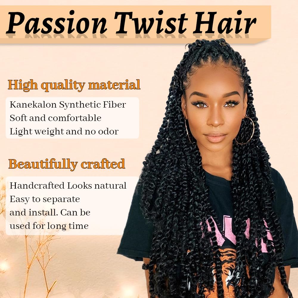 Passion Twist Hair 22 Inch Water Wave Crochet Hair 2 Packs Passion Twists Braiding Hair Long Bohemian Synthetic Hair Passion Twist Hair Extensions(22inch, 1B)