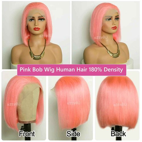 Bob Wig Human Hair Pink 13x4 Lace Front Wigs Human Hair, 180 Density Glueless Wigs Human Hair Pre Plucked Pre Cut 12 Inch Short Bob Wig Brazilian Virgin Human Hair Lace Front Wigs for Black Women