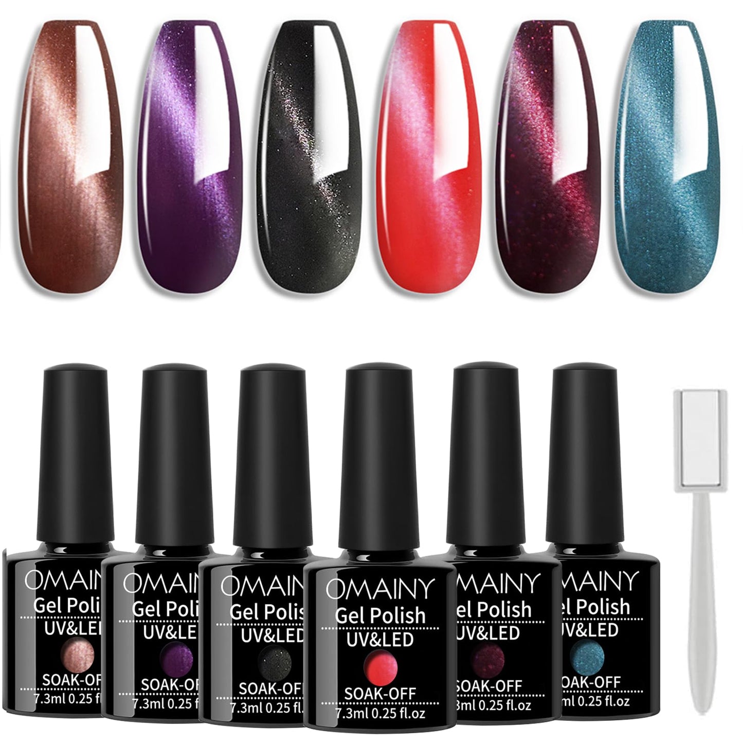 Omainy Cat Eye Gel Nail Polish Kit with Magnet, Elegance Dark Color Series Gel Nail Polish Set With 1 Magnet Stick Soak Off UV LED Nail Art Manicure Kit 6 pcs(004