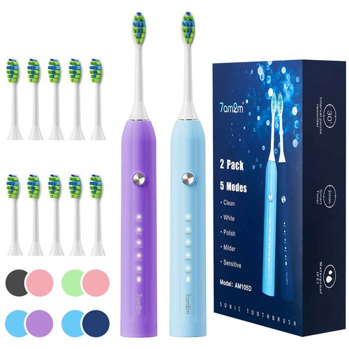 7AM2M Rechargeable Sonic Electric Toothbrush 2 Pack, Soft Toothbrushes for Adults and Kids with 12 Brush Heads, IPX7 One Charge Use for 60 Days, 5 Modes with 2 Minutes Build in Smart Timer