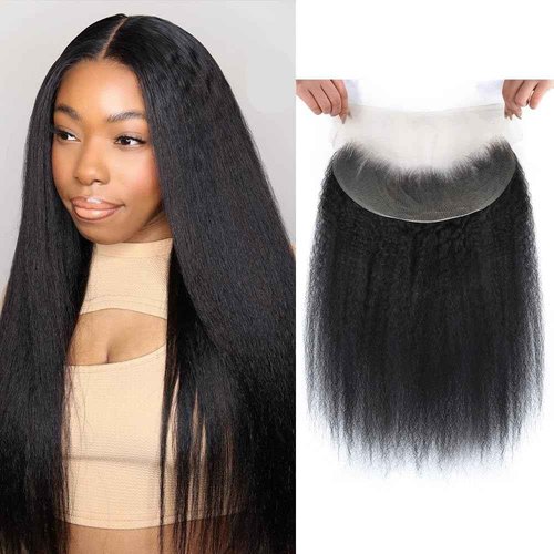 Kerriana 13x4 Lace Frontal Human Hair, Kinky Straight 13 by 4 Ear to Ear Transparent 12 Inch Yaki Straight Frontal Closure Natural Black Color For Women