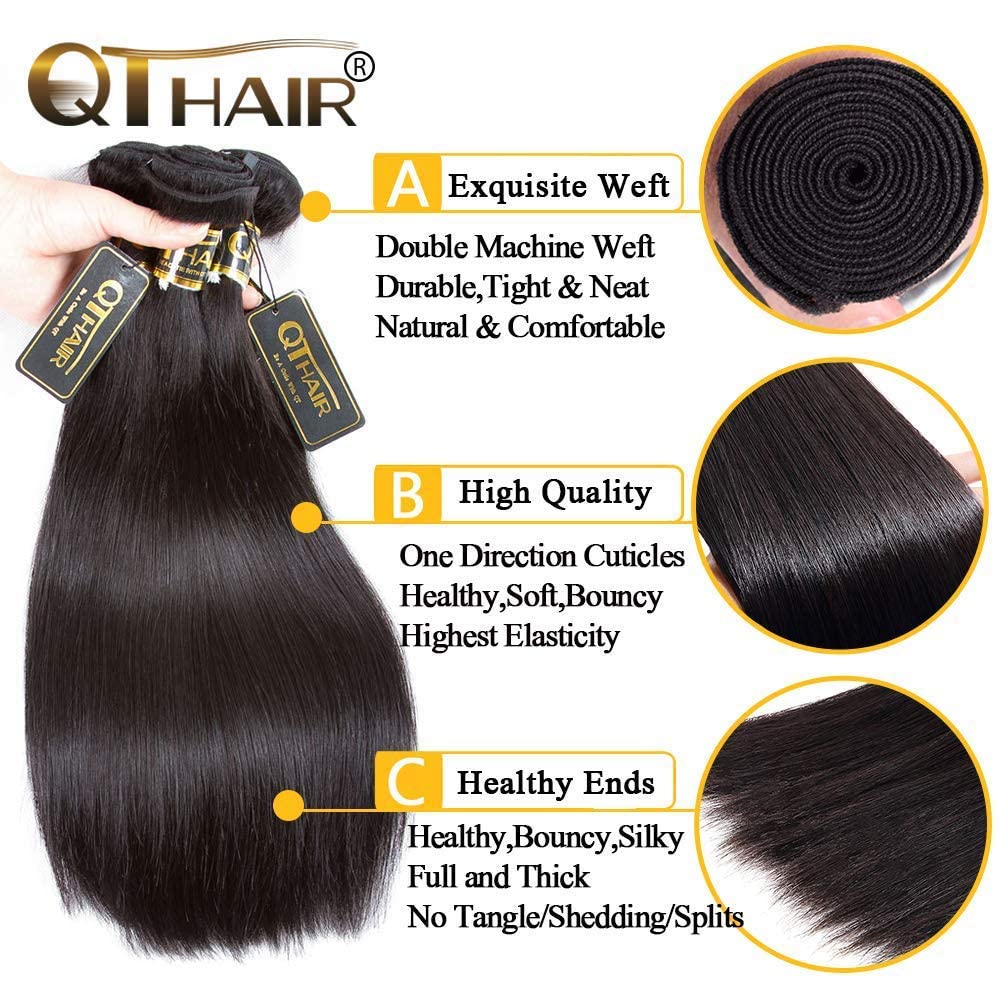 QTHAIR 14A Grade Brazilian Straight Human Hair Bundles with Closure(14" 14" 16"+12"Free Part Lace Closure,Natural Black) 100% Unprocessed Brazilian Virgin Hair Extensions for All Women