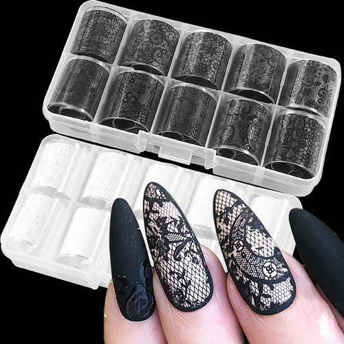 SILPECWEE 20 Rolls Lace Nail Foil White and Black Nail Transfer Foil Flower Nail Art Foils Decals Holographic Foils for Nails Manicure Stickers for DIY Acrylic Nails Decoration