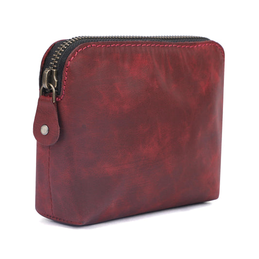 The Antiq Cosmetic Case, Leather Cosmetic Bag, Zipper Coin Pouch, Make-up Bag with Zipper Clousure (Red)