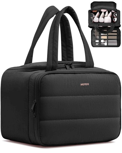 HOTOR Travel Toiletry Bag - Wide-Open Toiletry Bag for Women, Multi-Pocket Makeup Bag for Travel Essentials, Wet & Dry Separation Travel Accessories for Trip, Gym, 11.4" x 5.9" x 8.3", Black