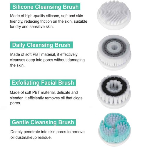 Facial Cleansing Brush, Electric Face Scrubber with 4 Cleanser Heads and 2 Speeds Adjustable for Deep Cleaning, Portable Rechargeable and Waterproof Face Wash Brush for Women & Men (Green)