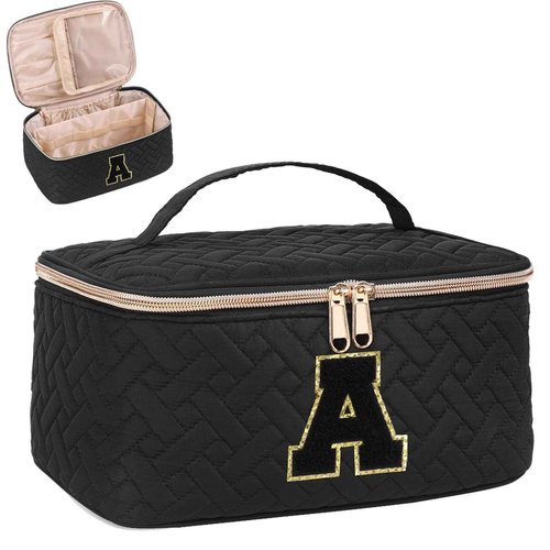 JRQCSJY Gifts Initial Makeup Organizer Bag for Girls, Chenille Letter Personalized Cosmetic Bag with Zipper | Preppy Quilted Portable Makeup Pouch Teen Birthday Gifts (A, Balck)