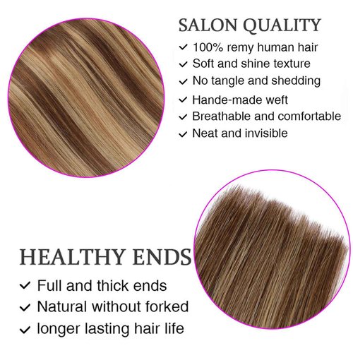 ORIGEN Clip in Hair Extensions Real Remy Human Hair Chocolate Brown to Caramel Blonde Highlights Straight Hair for Women 7pcs 80g 12 Inches