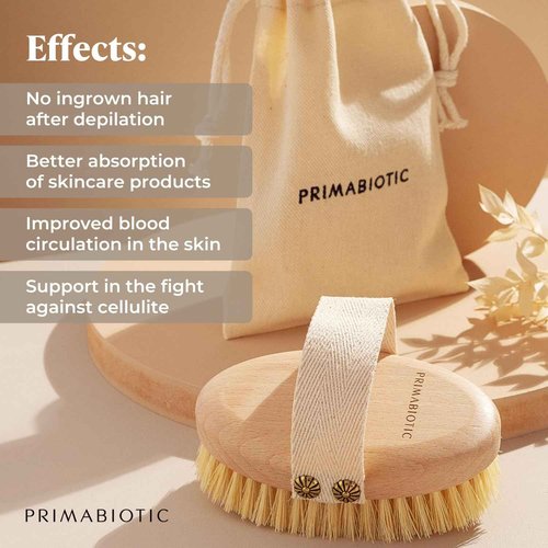 Primabiotic Body Massage Brush with Pouch – Eco-Friendly Product from Europe – Beech Wood & Agave Fibers – Oval Handle with Cotton Strap – Ideal for Dry Massage and Cellulite Reduction