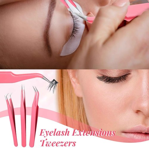 6 Pcs High Precision Lash Tweezers Set Eyelash Extension Tweezers Stainless Steel Eyelash Tweezer for Women Lash Extension Tools Supplies Classic Mega Volume Lashs Facial Hair Crafting Making(Pink)