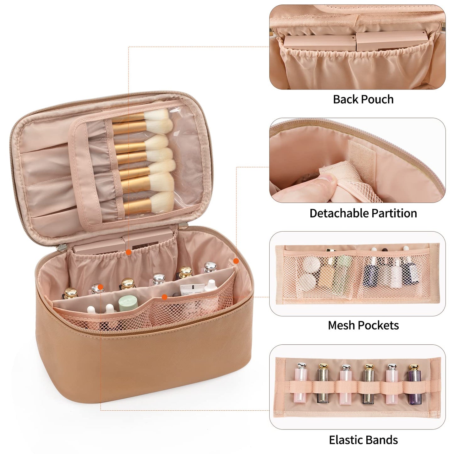 OCHEAL Makeup Bag, Portable Cosmetic Bag, Large Capacity Travel Makeup Case Organizer, Black Makeup Bags For Women Toiletry Bag for Girls Traveling With Handle and Divider-Beige Apricot