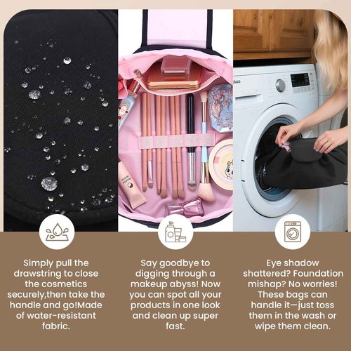 Lay Flat Drawstring Makeup Bag,Travel Cosmetic Organizer for Women,Large Capacity Toiletry Bag,Portable Open-Flat Design for Skincare and Makeup Brushes (Pink)