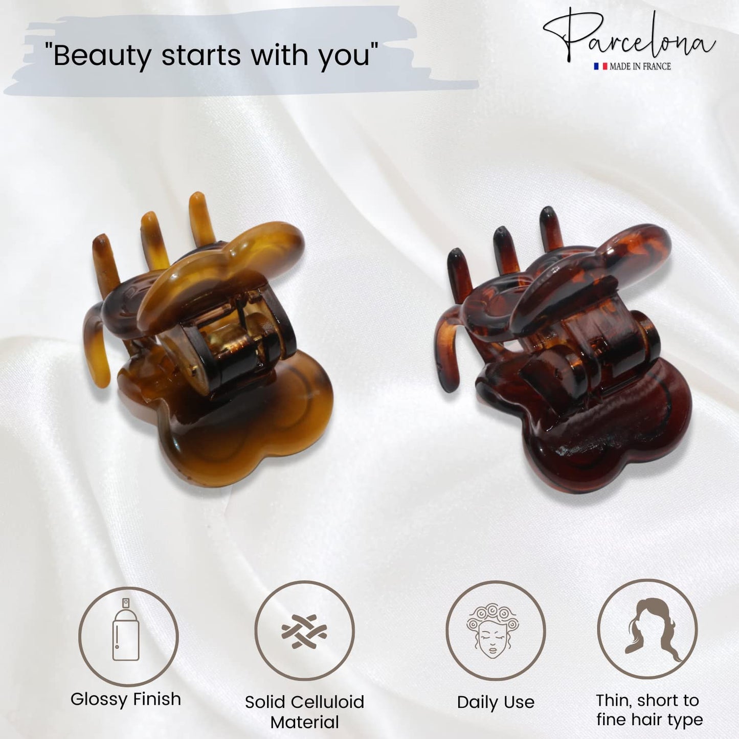 Parcelona French Petunia Mini 1" Celluloid Acetate Set of 2 Covered Spring Jaw Hair Claw Clip for Fine Hair with Very Tight Grip Women Hair Accessories, Made in France(Tortoise Shell Brown and Savana)