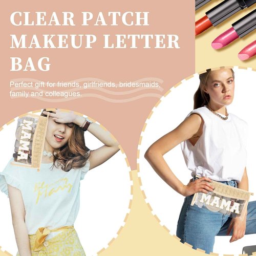Iqimott Clear Patch Makeup Letter Bag, Boho Letter Bag for Beach Swim, Waterproof Zipper Make up Bags Toiletry Pouch for Women Girls, Clear Letters Patch Cosmetic Bags for Travel(Mama, Beige)