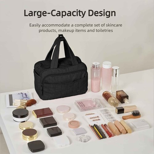 aji Travel Toiletry Bag for Women, Lightweight Large Wide-open Makeup Bag with Luggage Trolley Strap, Water-resistant Multiple Pockets for Accessories,Essentials, Toiletries, Mousse Black