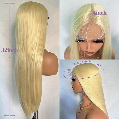 UREMY Synthetic Lace Front Wig 613 Blonde 32 Inch Long Straight Layered Wigs Middle Part with Baby Hair Pre Plucked Transparent Lace Soft Silky Hair for Women