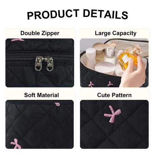 GISMTR 4Pcs Quilted Makeup Bag Set Cute Floral Cosmetic Bag Cotton Coquette Make up Bag Aesthetic Travel Toiletry Bag for Women Girls