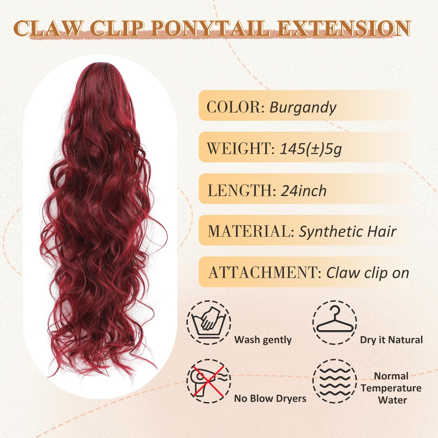 MORICA Burgandy Ponytail Extension Claw Ponytail Extension 24" Wavy Curly pony tails hair extensions Fake Hair Pieces for Women（24Inch，99J#）