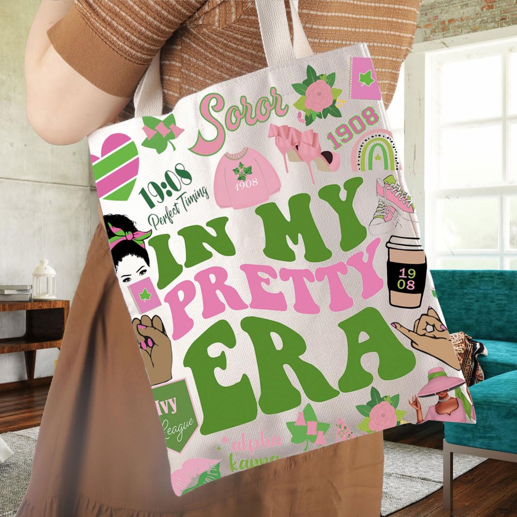 WCGXKO Sorority Gift In My Pretty Era Pink and Green Paraphernalia 1908 Sorority Canvas Tote Bag (Pretty Era)