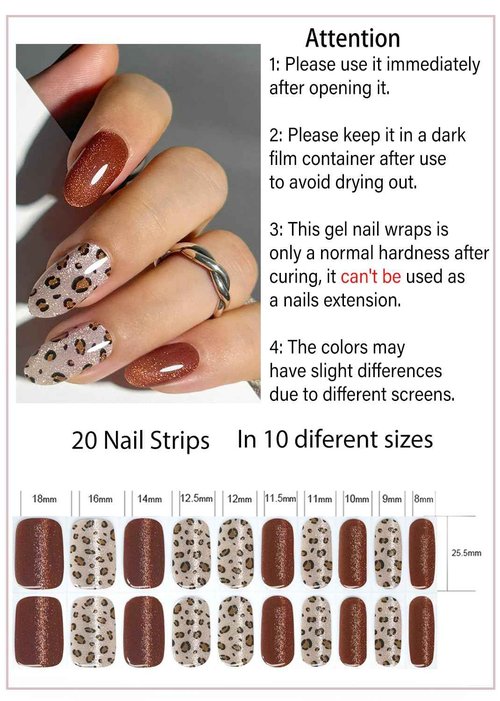 Semi Cured Gel Nail Strips, Leopard Print,Cat Eye 20pcs Adhesive UV Sticker, Wraps for Home Manicure DIY