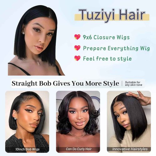 Tuziyi 14 Inch Bob Wig Human Hair 9x6 Wear and Go HD Lace Closure Glueless Wigs Human Hair Pre Plucked Pre Cut 220% Density Short Straight Bob Wig Human Hair for Black Women