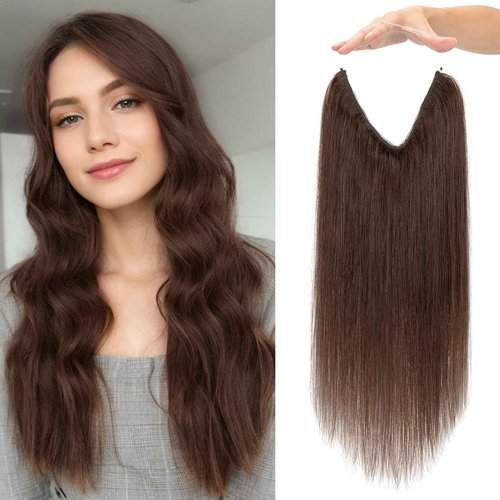 Charites Halo Hair Extensions Real Human Hair Invisible Wire Extensions with Transparent Fish Line Adjustable Size Dark Brown 12 inch