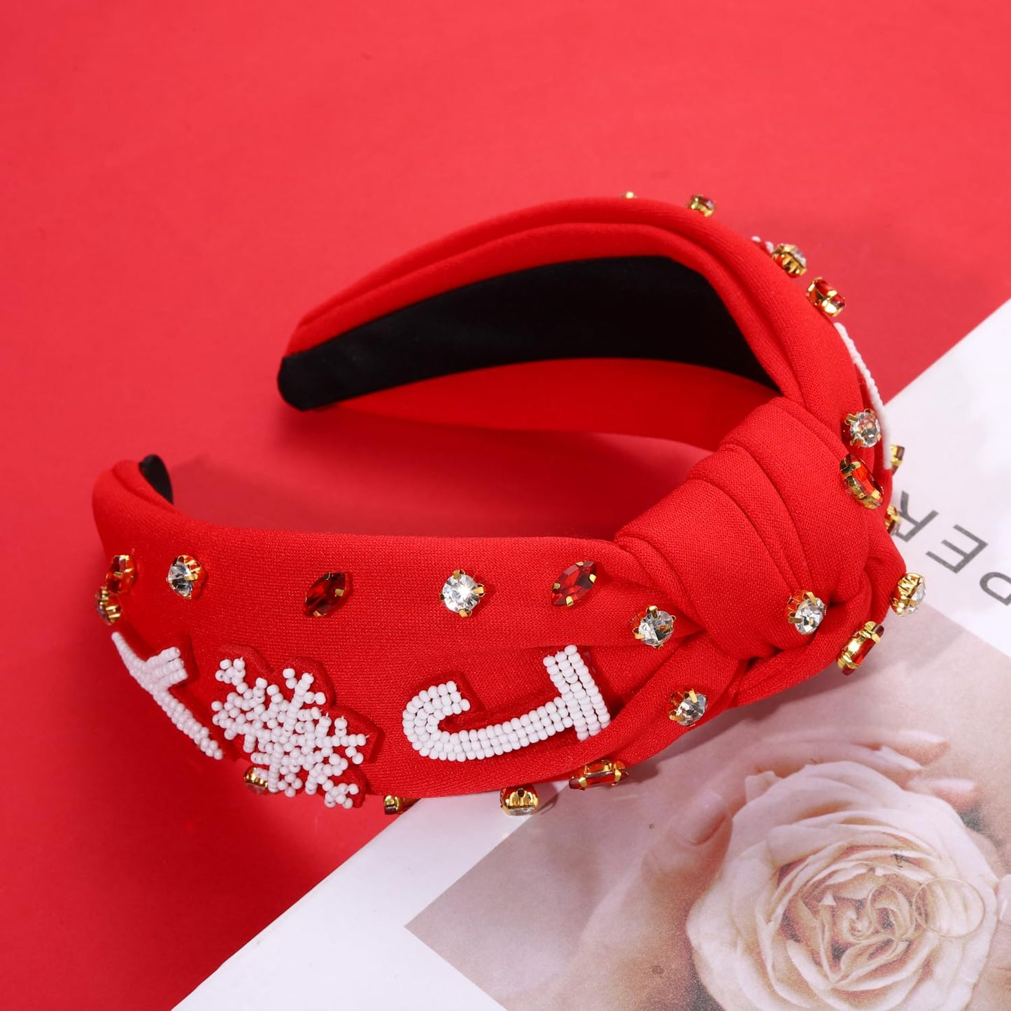 Christmas Headband for Women Jeweled Xmas Beaded JOY Headband Embellished Crystal Pearl Knotted Headbands Wide Top Knot Holiday Headband Christmas Hair Accessories Holiday Outfits Gifts (JOY Red)