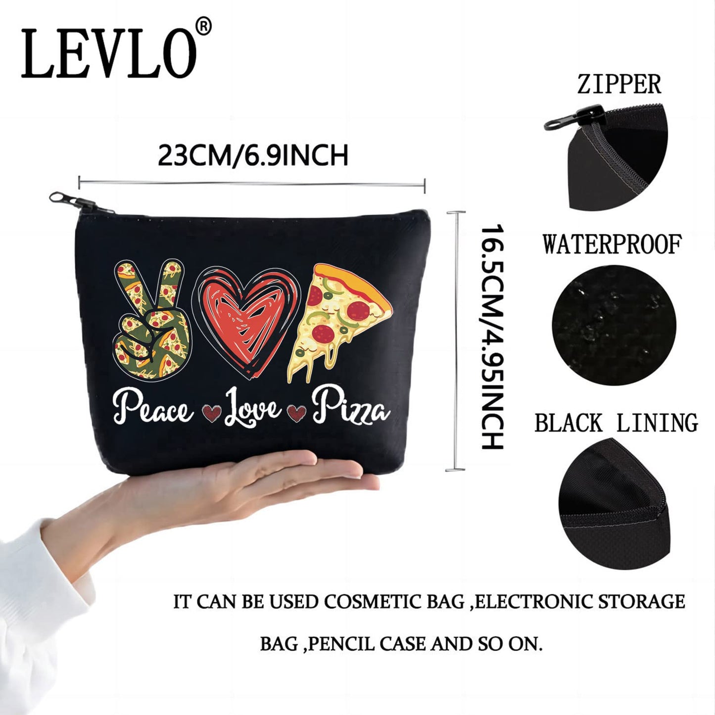 LEVLO Funny Pizza Cosmetic Bag Pizza Lover Gift Peace Love Pizza Makeup Zipper Pouch Bag Pizza Party Gift (Peace Pizza Black)