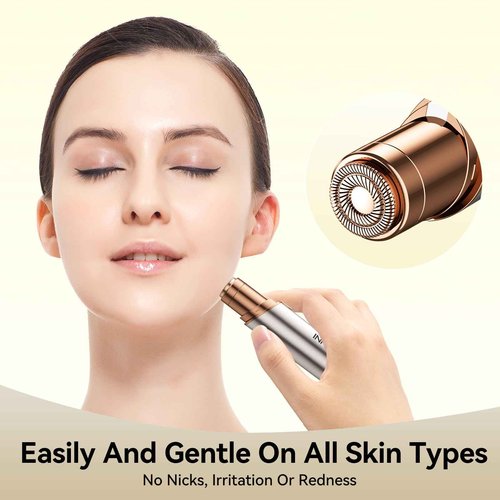 INNVO Facial Hair Remover for Women Ladies Upper Lip Hair Removal Electric Face Shaver with Rechargeable Battery Brush (Champagne Gold with 1 Replacement Head)