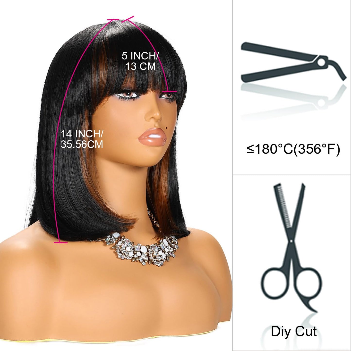 YYHR BLunt Cut Bob Wig With Bangs 14" Peek-a-boo Color Black Mix Brown Yaki Straight Synthetic Hair Wigs For Black Women, Shoulder Length Synthetic Hair Replacement Wigs (14 Inch,S1B/30)