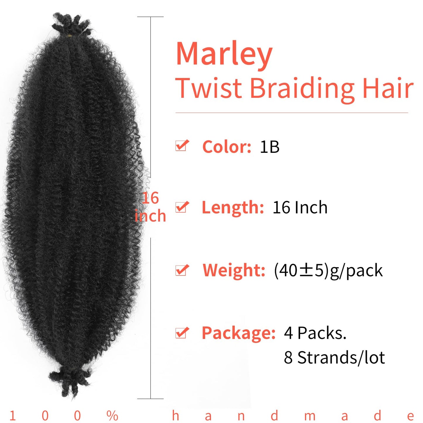 Anemoi Marley Twist Braiding Hair, 16 Inch 4 Packs Springy Afro Kinky Twist Hair For Braiding,Black Pre-Fluffed Spring Twist Hair, Twisted Up Marley Hair For Women Crochet Braids(16inch,4packs,1B#)