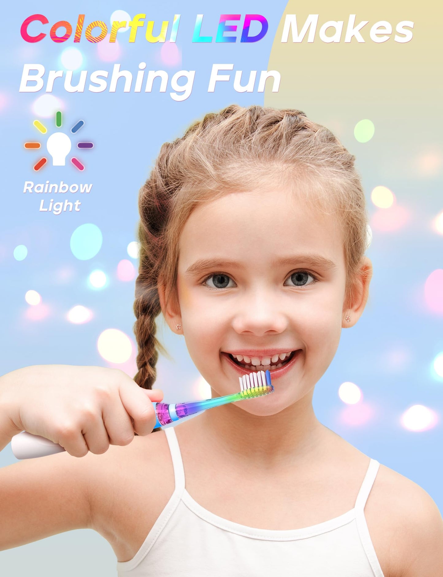 SEAGO Kids Electric Toothbrush with 2 Mins Brushing Timer and 8 Replacement Bursh Heads,Rainbow LED Light Make Brushing Fun, Blue Color Boys Battery Powerd Toothbrush for 4-12 Years Old