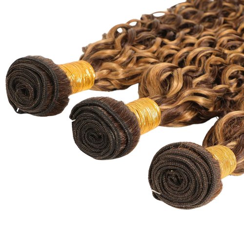 ALHER 12A Water Wave Ombre Single Bundles, Soft Thick P4/27 Honey Blonde Highlight Bundles Wet and Wavy, Brown Highlight Colored Curly Human Hair Bundles 100% Brazilian Virgin Remy Hair 12 Inch