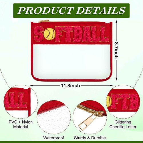 Aliceset 6 Pcs Softball Chenille Letter Preppy Patch Makeup Snack Bags, Gift for Women Waterproof PVC Cosmetic Organizer Storage, Flat Clear Portable Toiletry Zipper Pouch(Red, Yellow)