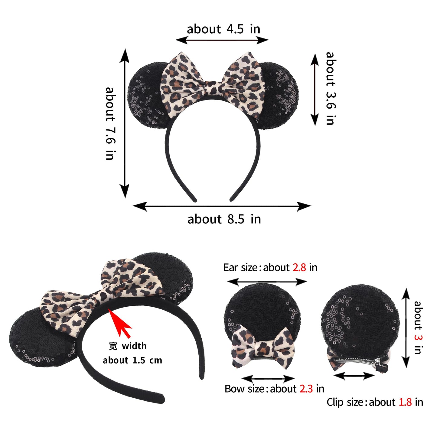 zhezesmila Leopard Mouse Ears Headband Classic Mouse Ears Clips & Mouse Ears Scrunchies for Women,Princess Hat Accessories, Animal-Leopard Party Headwear Cosplay for Adults Girls Boys（Leopardears