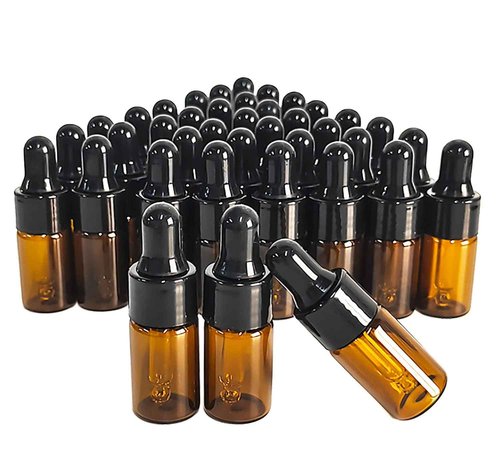 PYAWI 50Pcs Amber Glass Mini Dropper Bottle 1/3ml Amber Essential Oil Bottles Vials Travel Cosmetic Sample Container Liquid Perfume Eye Droppers Bottle (3ml)