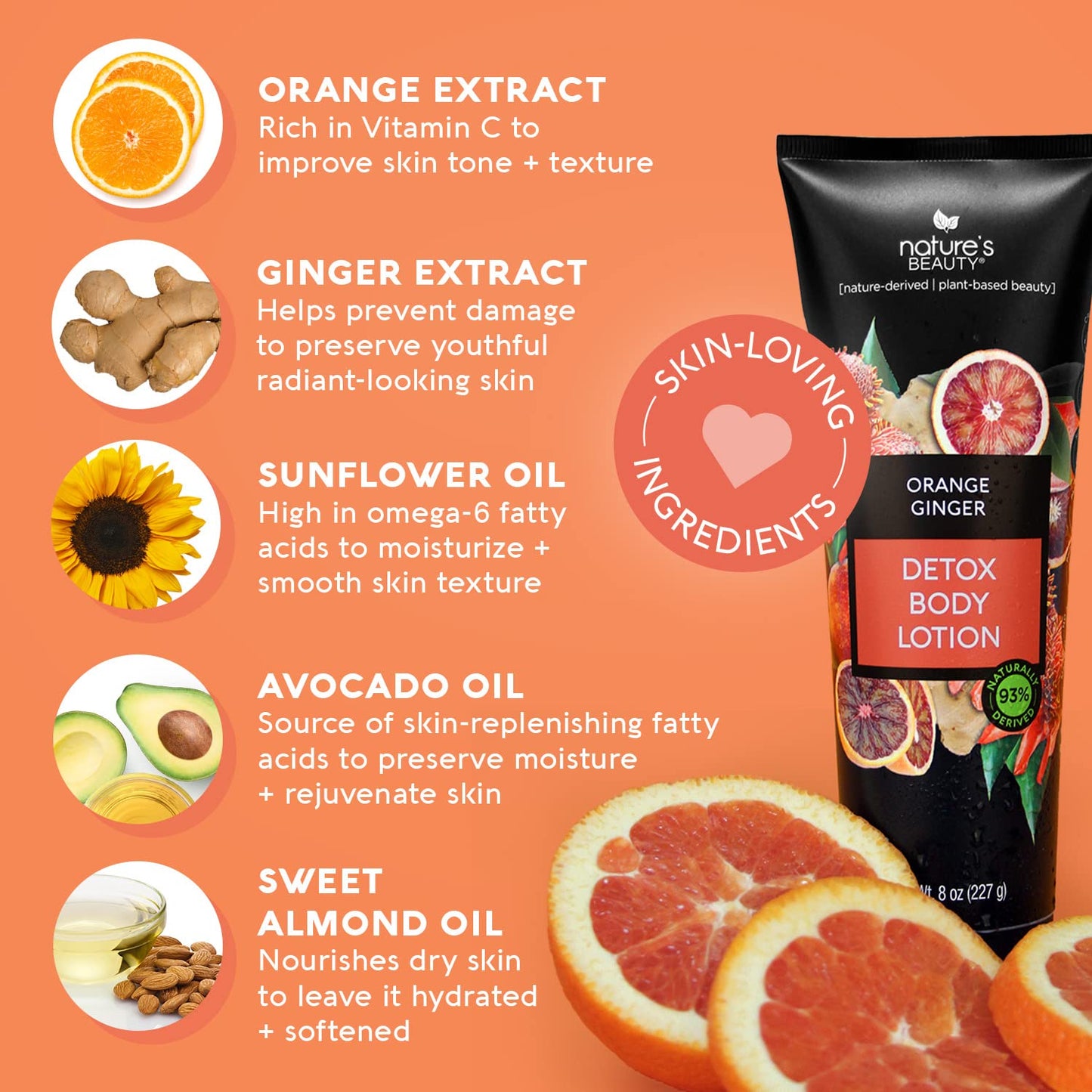 Nature's Beauty Orange Ginger Detox Body Lotion Multi-Pack - Lightweight, Non-Greasy Moisturizer, Improve Skin Tone+Texture Made w/Vitamin C, Sunflower + Almond + Avocado Oils 8 oz (2 Pack)