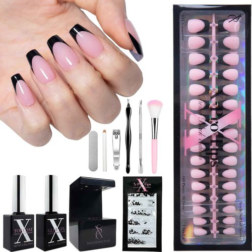 SXC Cosmetics French Tip Press On Nails – Black Series, Short Coffin, X-Pro Tips Starter Kit | 160PCS, 16 Sizes, 5 Styles, Beginner-Friendly