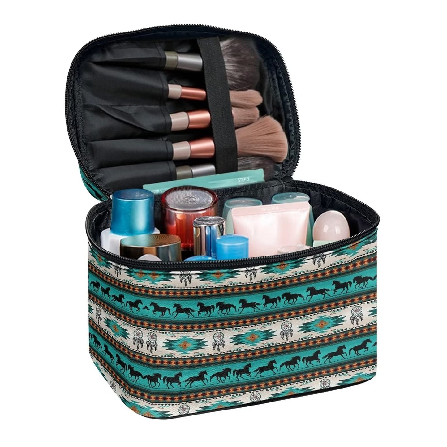 JEOCODY Cosmetic Bag Travel Organizer Southwest Tribal Horse Print Travel Makeup Cosmetic Case Storage Bag Portable Travel Makeup Train Case for Cosmetics Makeup Brushes, Girls, Women, Friends Gifts