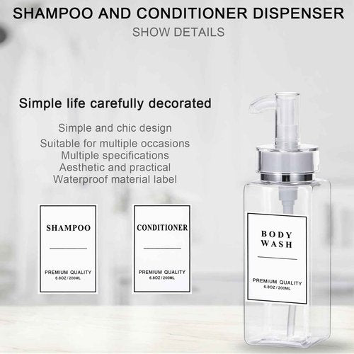 Yeeco Plastic soap Dispenser, Clear 3 Pcs Refillable Shampoo and Conditioner Bottles, Empty Shower Bottles with Pump, Labels for Shower Bathroom Kitchen, 6.8oz/200ml