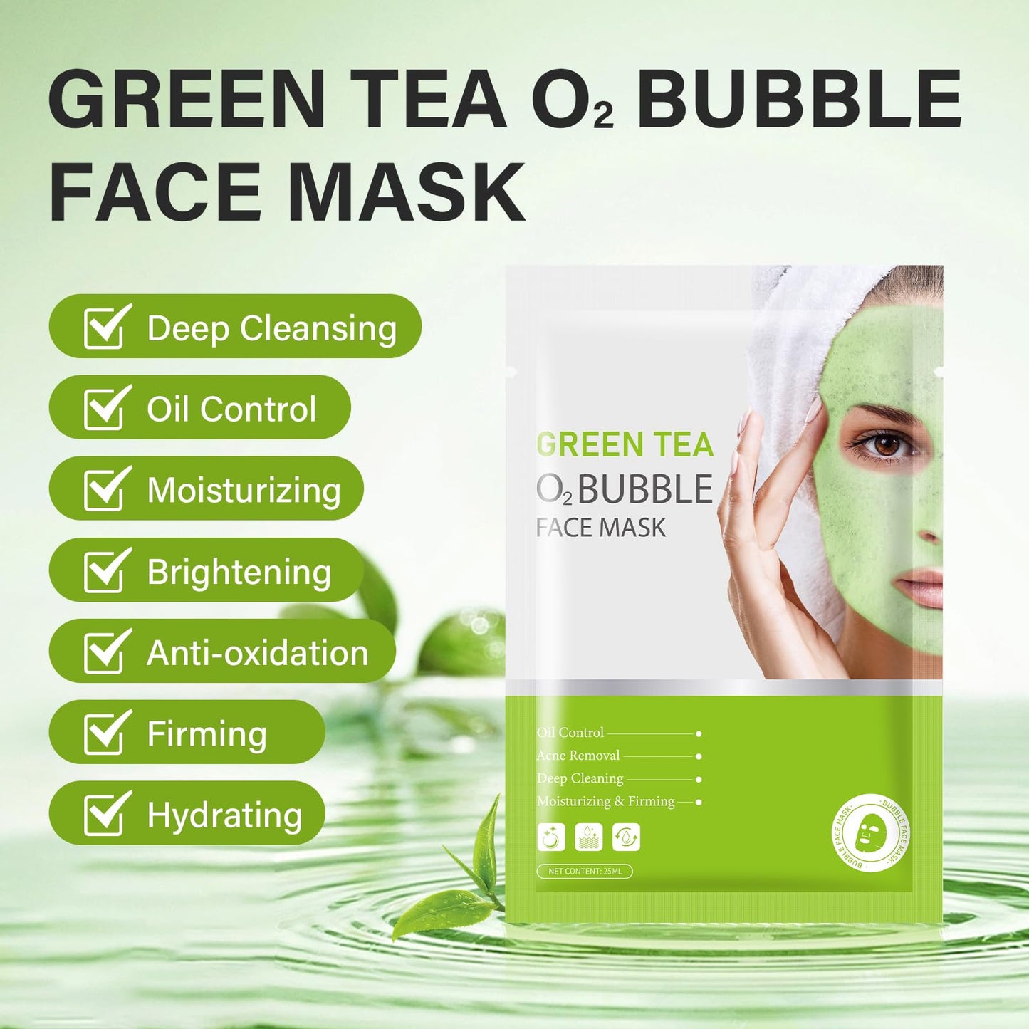 Tamoskiny Green Tea O2 Bubble Face Mask, 10 Pack, Skin Treatment Mask, Sheet Form, Deep Cleansing, Purifying, Moisturizing, Brightening