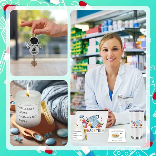 Yoloodayy 6 Pcs Pharmacy Technician Gifts Include Cup Portable Cosmetic Bag Badge Keychain Aromatherapy Thank You Card Pharmacy Technician Accessories for Doctors Nurses Week Gift Supplies