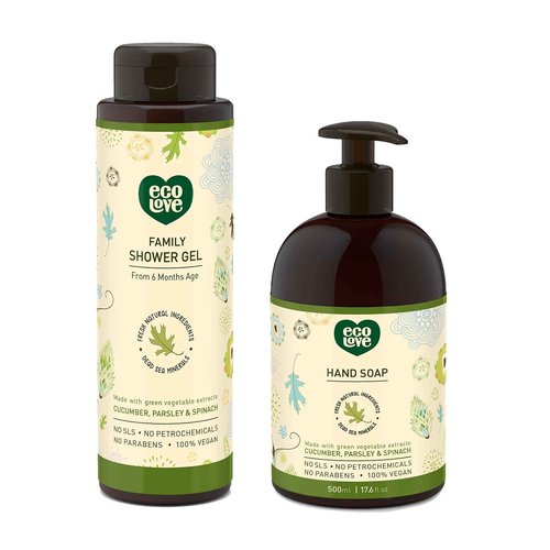 ecoLove Organic Vegan Cucumber Spinach Parsley Moisturizing Body Wash and Hand Soap Bundle