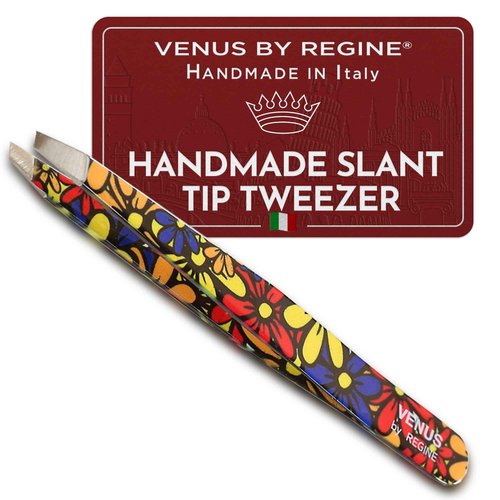 Venus by Regine Slant Tweezers - Handmade Precision Tool for Women & Men, 25-Degree Angle for Shaping Eyebrows & Grooming Facial Contours, Suitable for Eyebrow & Facial Hair Removal (Large Flowers)