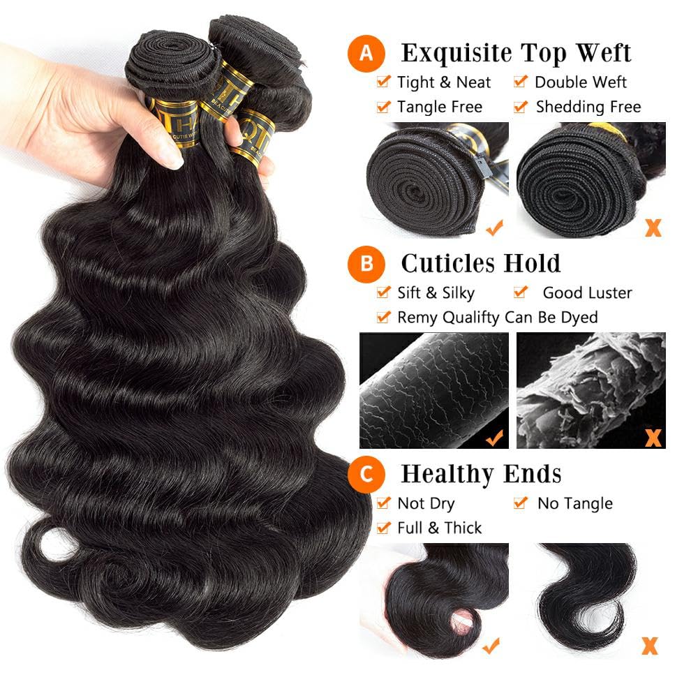 QTHAIR 14A Grade Brazilian Virgin Body Wave Hair (12 14 16,300g/10.5OZ,Natural Black)100% Unprocessed Brazilian Body Wave Virgin Human Hair Extensions Body Wave Brazilian Human Hair for All Women